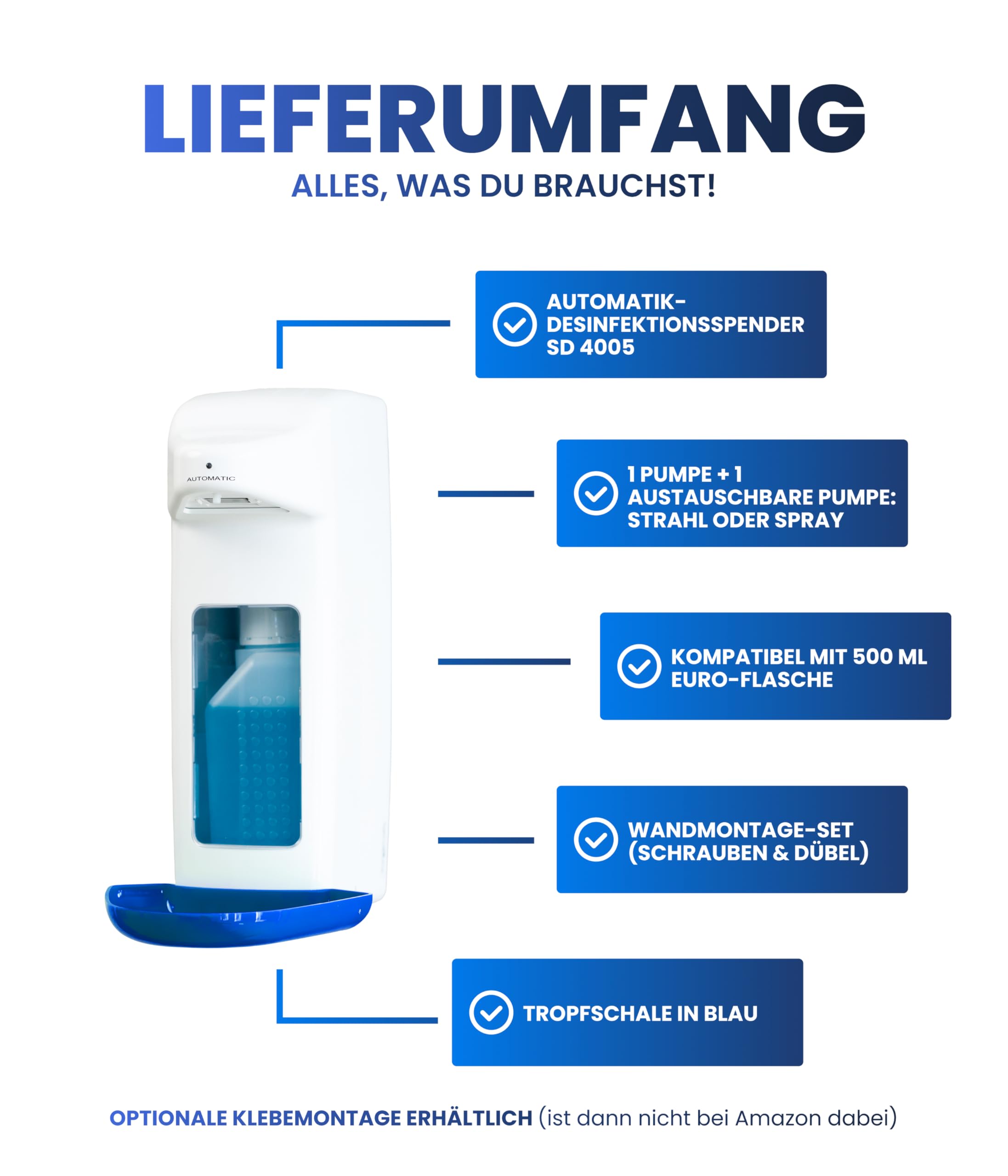 Distributore di disinfettante automatico per bottiglie europee, dispenser europeo e disinfettante con sensore, dispenser di sapone da parete e ricaricabile (bianco con blu, 500 ml)