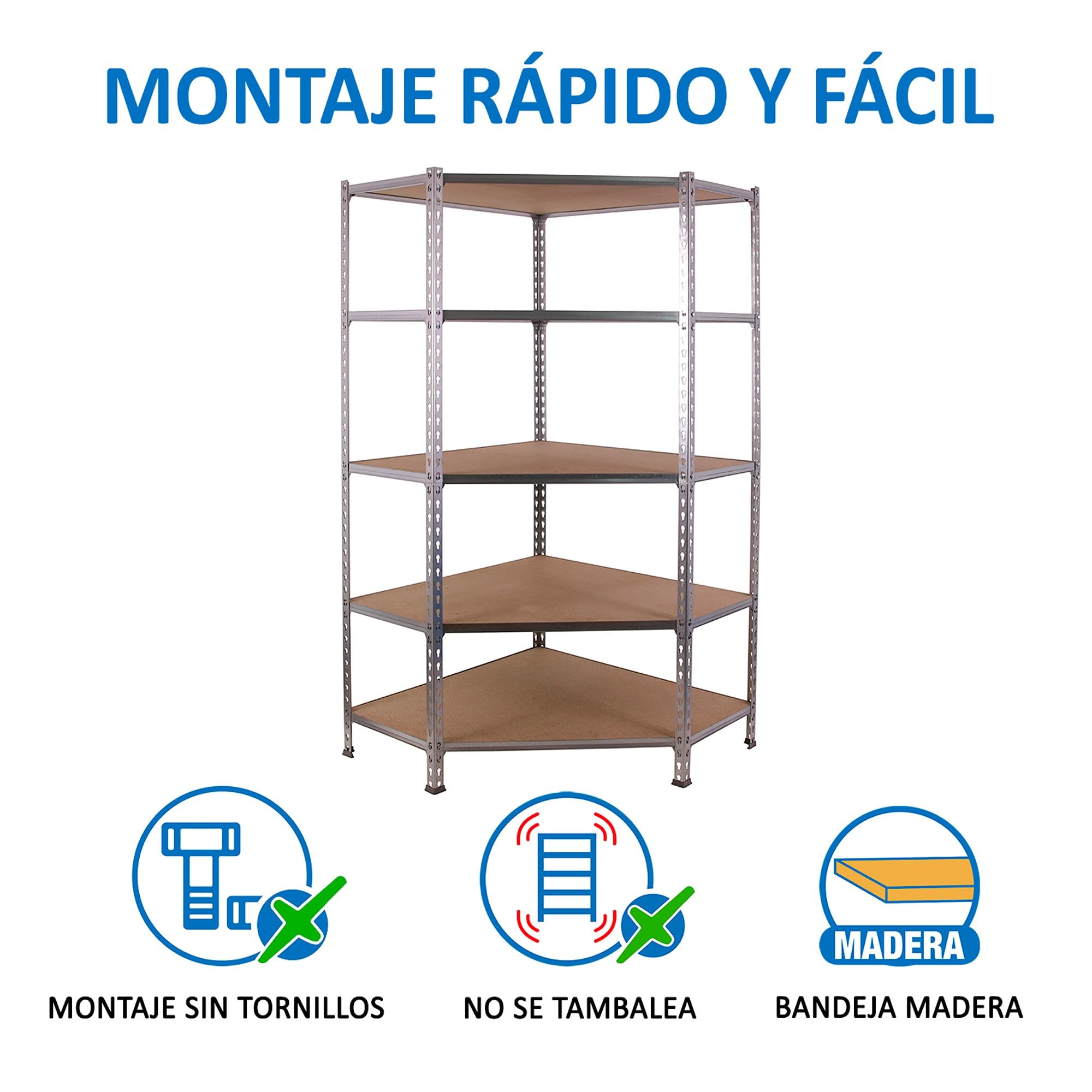 SimonRack Scaffale Metallo Garage Angolo, 5 Ripiani Legno, 200 kg di Punto di Flessione, 1800x900x300 mm, Scaffale Garage, Senza Viti, Zincato/Legno - Maderclick Corner