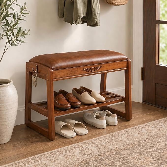 Shoe Rack Bench,2 Tiers Shoe Bench with Storage with Flip-Top,Wood Shoe Rack for Entryway,Hallway(Solid Upholstered Seat,23.6"
