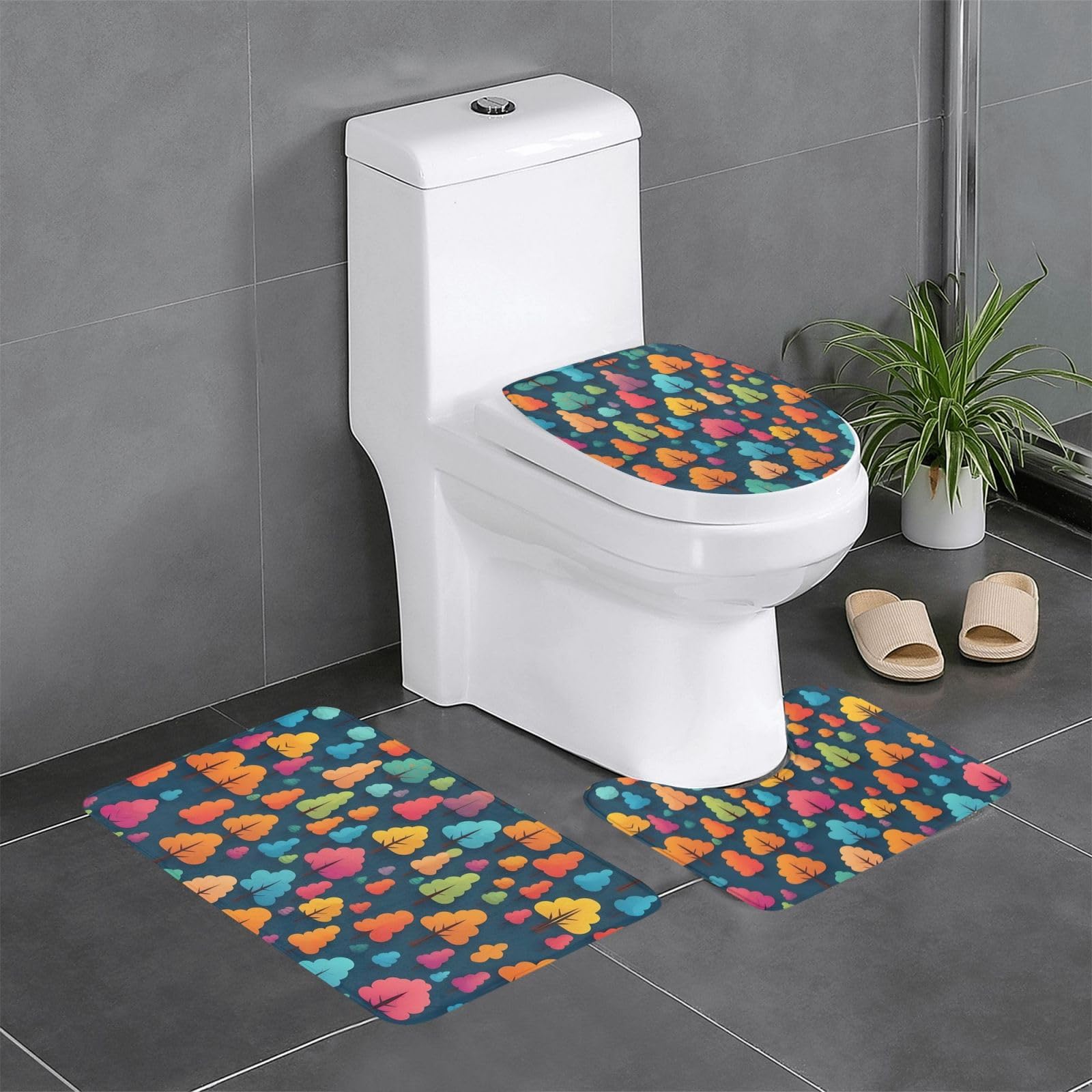Tapis de salle de bain arbres colorés lot de 3 pour une décoration de WC moderne