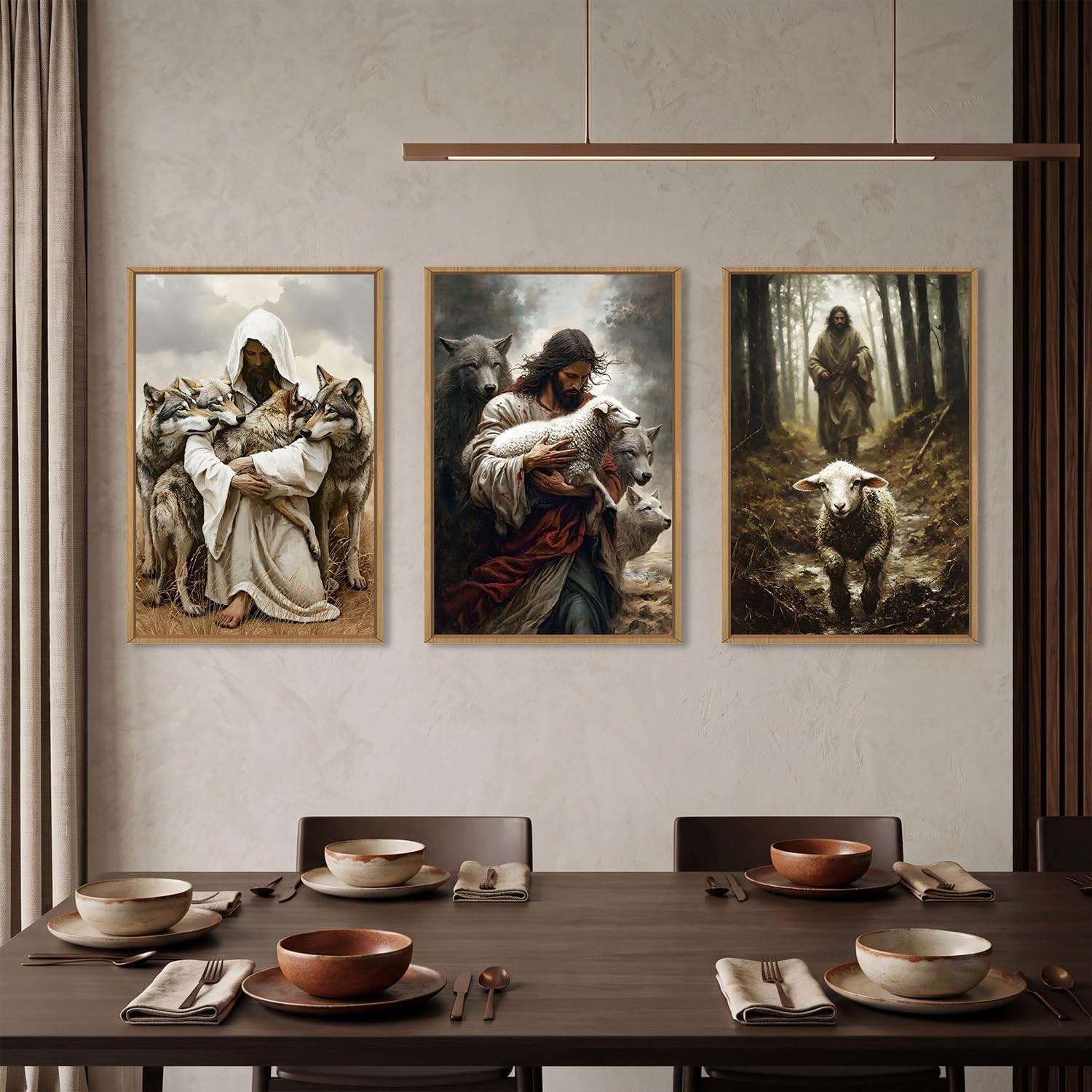 KAIRNE Jesus Lost Lamb Framed Canvas Wall Art Set,Vintage Shepherd Protect a Lamb from Wolves Wall Decor,Retro Religious Bible Faith Artwork for Living Room,Bedroom,Church-16 x24 x3 image 3