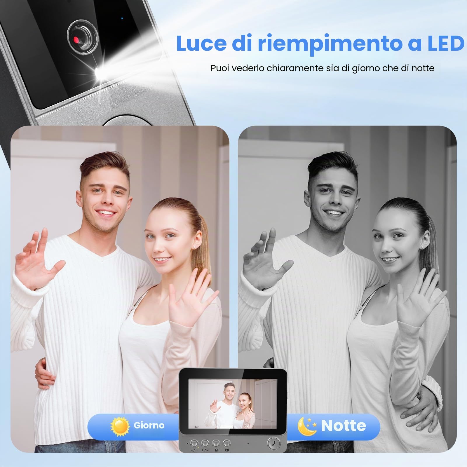 Campanello senza fili con fotocamera, IP65 esterno, impermeabile, 1080P HD schermo 4.3", 2.4G Campanello video senza fili, audio bidirezionale, visione notturna, resistente alle intemperie, supporta