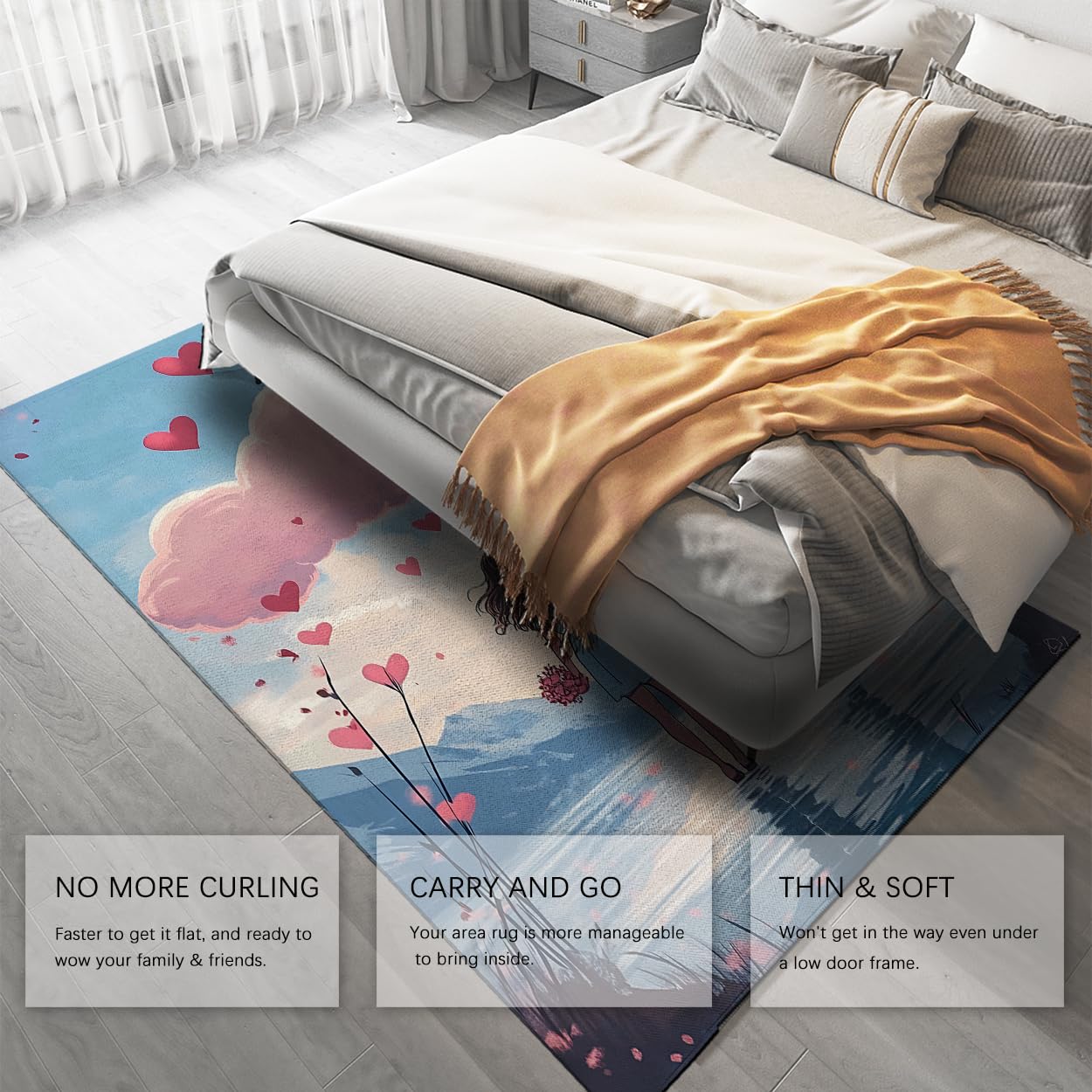 Dreamy Journey Runner Rugs 200x300cm Romantyczni miłośnicy w odbiciu wody z różowymi chmurami i wzorem serc cienki dywan antypoślizgowy szybkoschnący