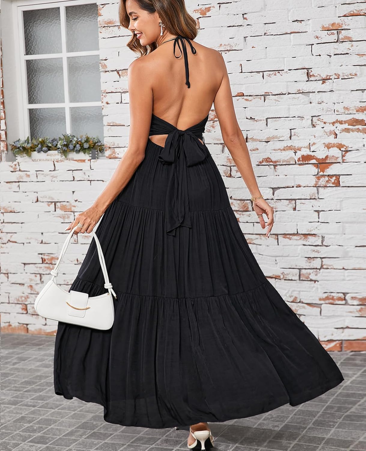 GLNEGE Summer Maxi Beach Dress Boho Halter V Neck Backless Bow Dresses Flowy Trendy Ruffle Sundress for Women 2025 - Image 5