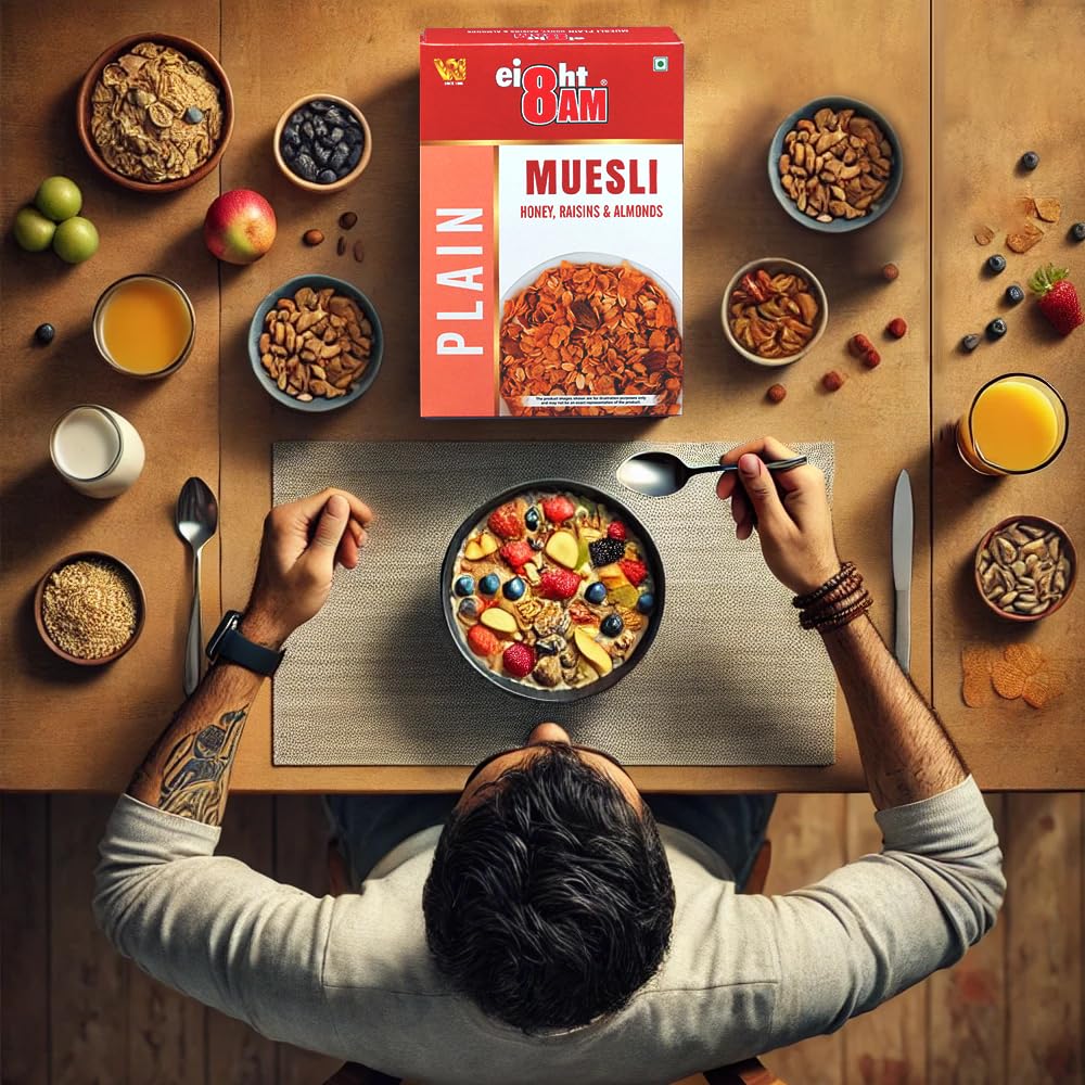 8AM Muesli Honey, Raisins & Almonds, 425 gm(Pack of 2), Sweetened with Natural Honey, Contain Seeds, Dry Fruits, Nuts, Multigrain Breakfast Cereal, Protein & Fiber Rich, Nutritious and Healthy Snacks 4