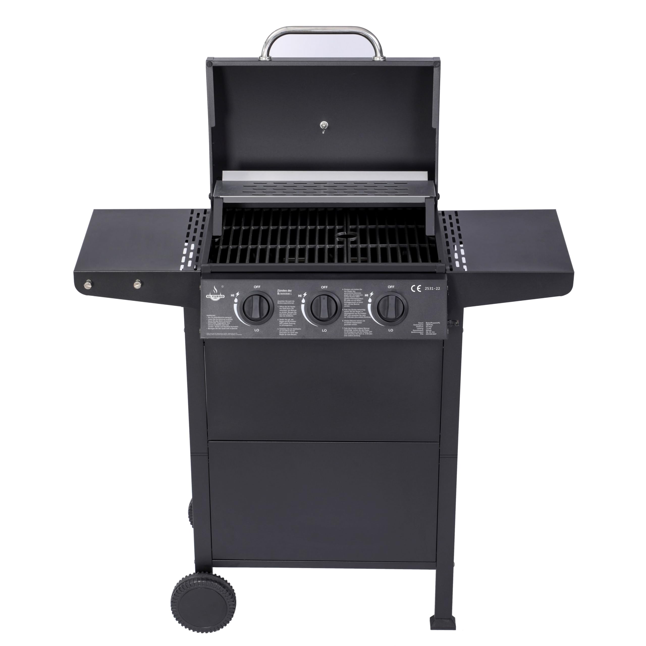 Grill gazowy "San Jose 3 palniki" firmy El Fuego®, w zestawie wąż gazowy i reduktor ciśnienia, ruszt do grillowania z żeliwa, z termometrem i dużymi półkami bocznymi, grill BBQ | AY0205