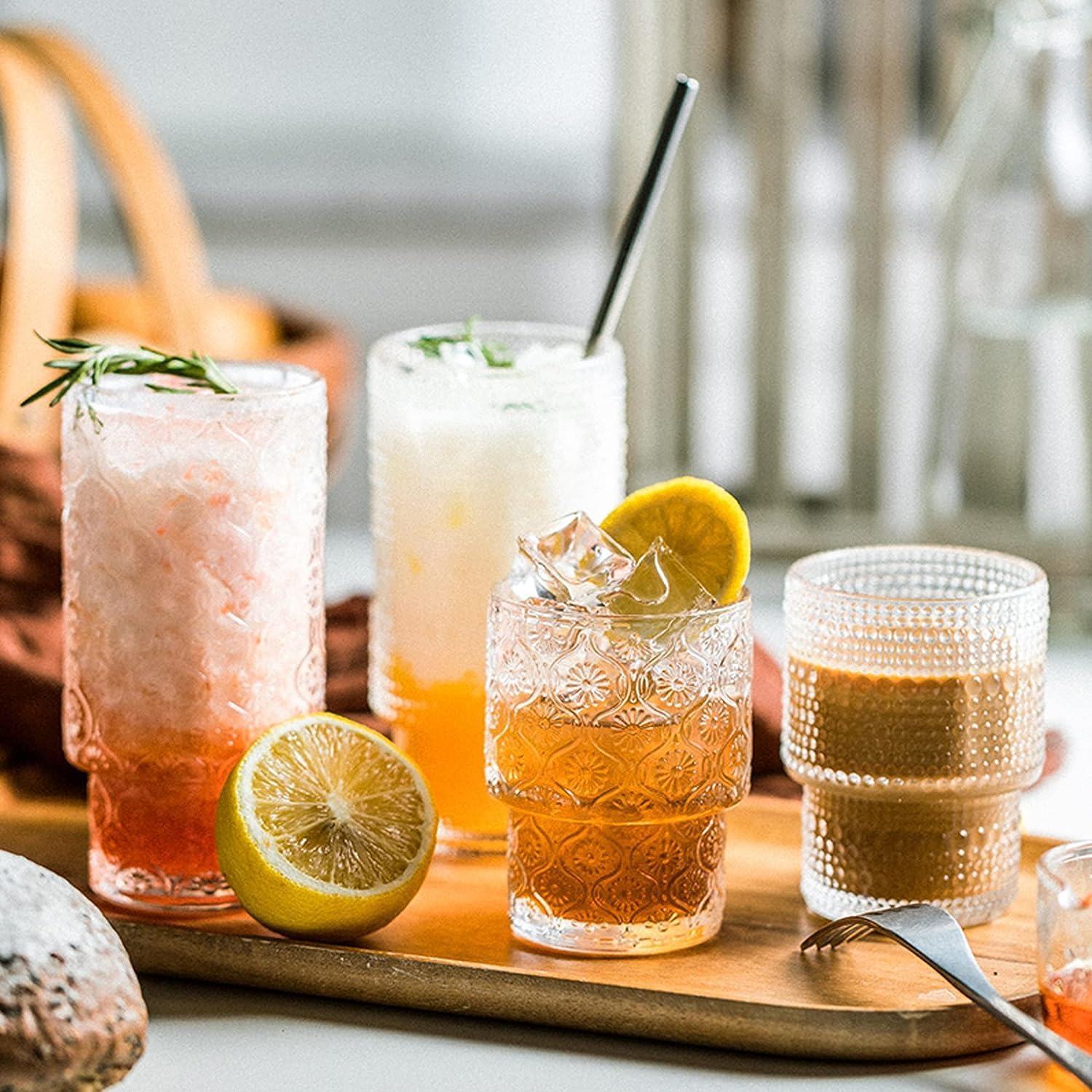 Vintage Wine Glasses Set of 4, Embosse Ripple Drinking Glass Cup Set Elegant Old Fashioned Glassware Ideal for Whiskey, Cocktail, Ice Coffee, Beer,Transparent b,Highball