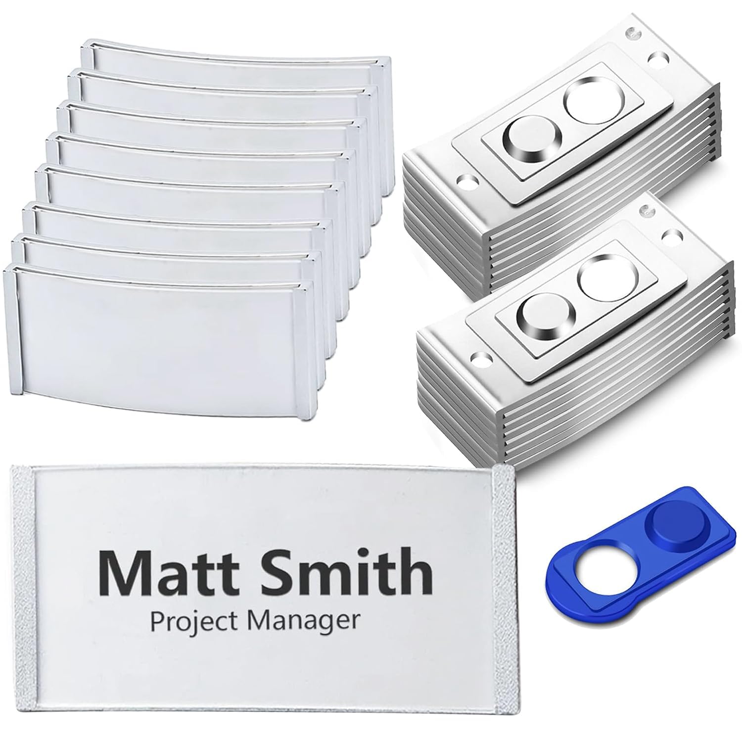 15 Badge Aimanté - Badges Nominatifs Magnétiques Pour Vêtements - Avec Double Aimant Puissant - Avec Fente en Papier - Environ 75 x 32mm (En Aluminium/Argenté)