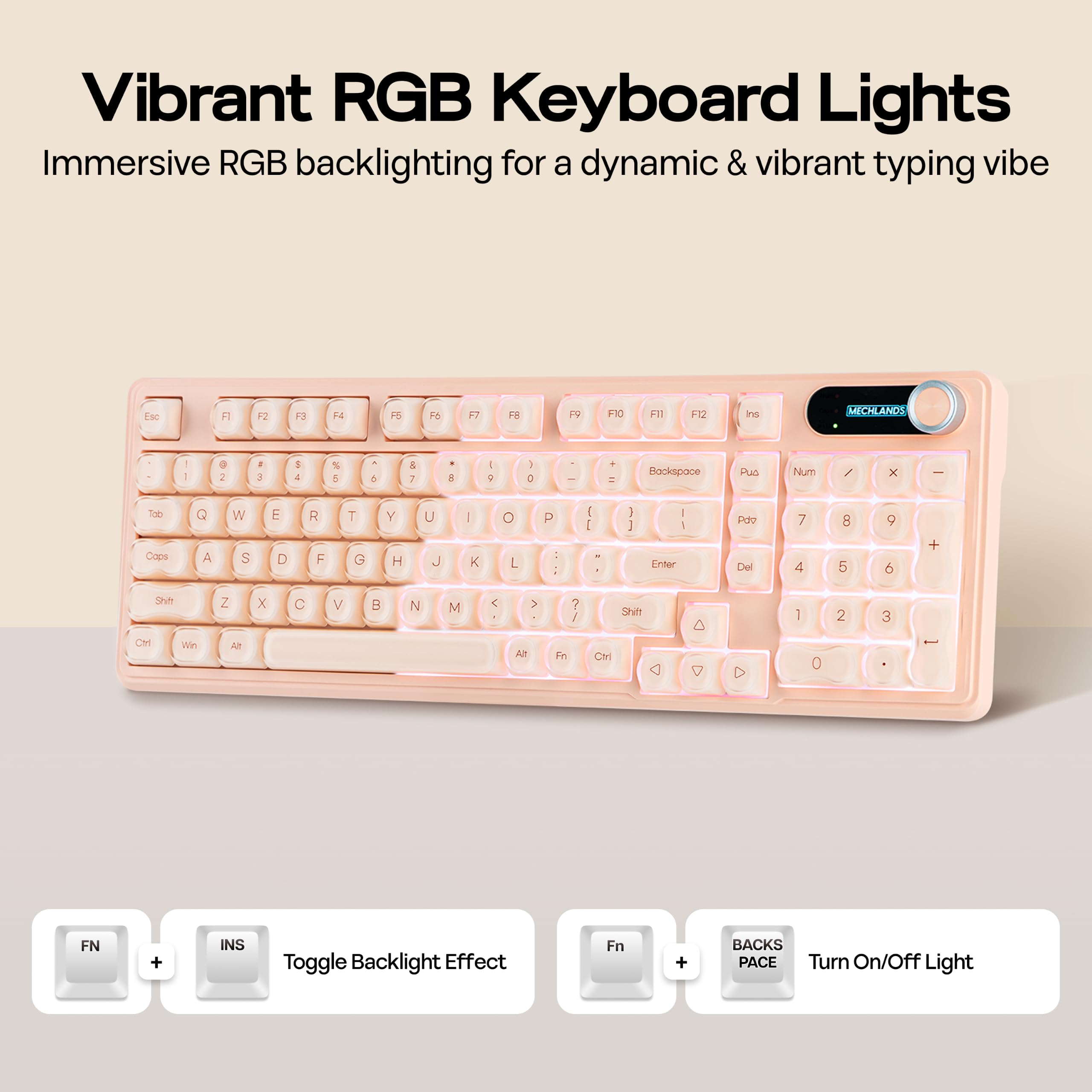 MechLands M98 Teclado silencioso con numérico, Estructura Suave, 3 Modos inalámbrico, batería 5000mAh, Pantalla, Perilla, RGB. Compatible Win/Mac, para Gaming y Oficina