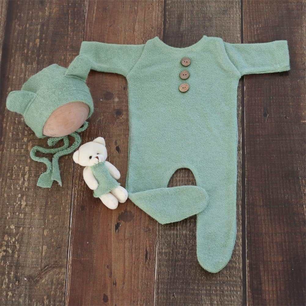 Coberllus Newborn Photography Outfits Girl Newborn Photography Props Bear Hat & Footed Romper Boy Photo Shoot Bear Outfit - Image 2