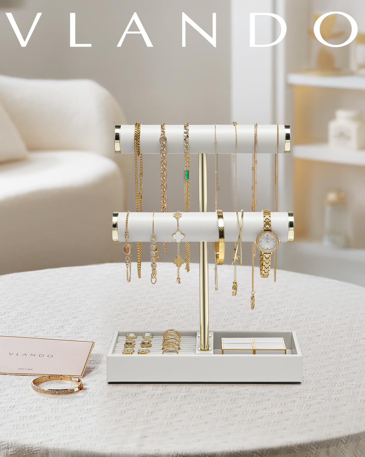 Vlando 2 Tier Bracelet Holder 0rganizer with Tray - Leather Jewelry Stand Organizer for Women - Jewelry Holder Display for Necklace, Watches, Rings, Earrings, Bangle, Scrunchie - White