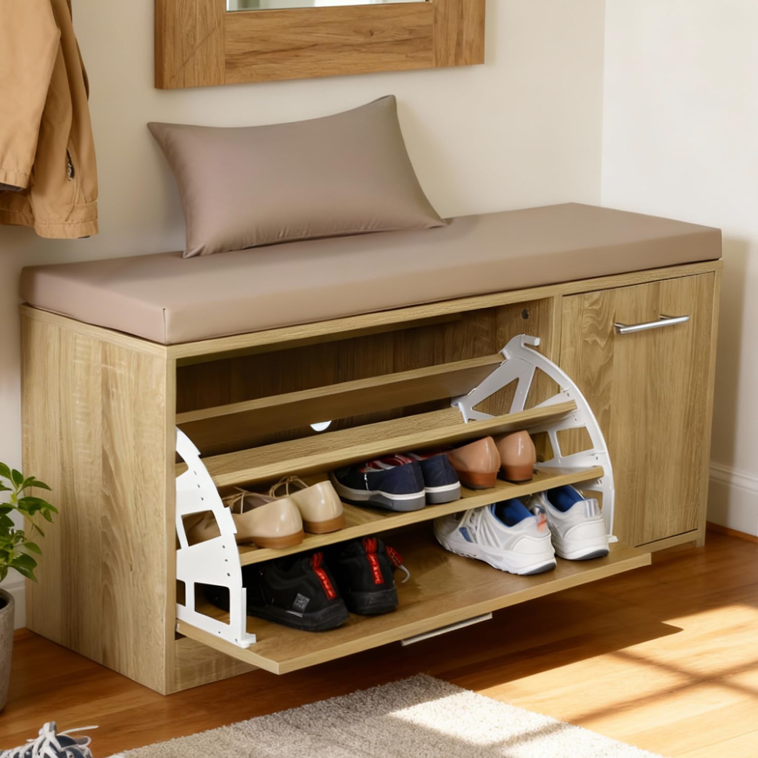 Marvin Scarpiera Panca da Ingresso con Anta – Portascarpe Salvaspazio in Legno con Cuscino Seduta e Anta a Ribalta per Cabina Armadio Corridoio o Camera Design 100x30x46 cm (Rovere/Cuscino Tortora)