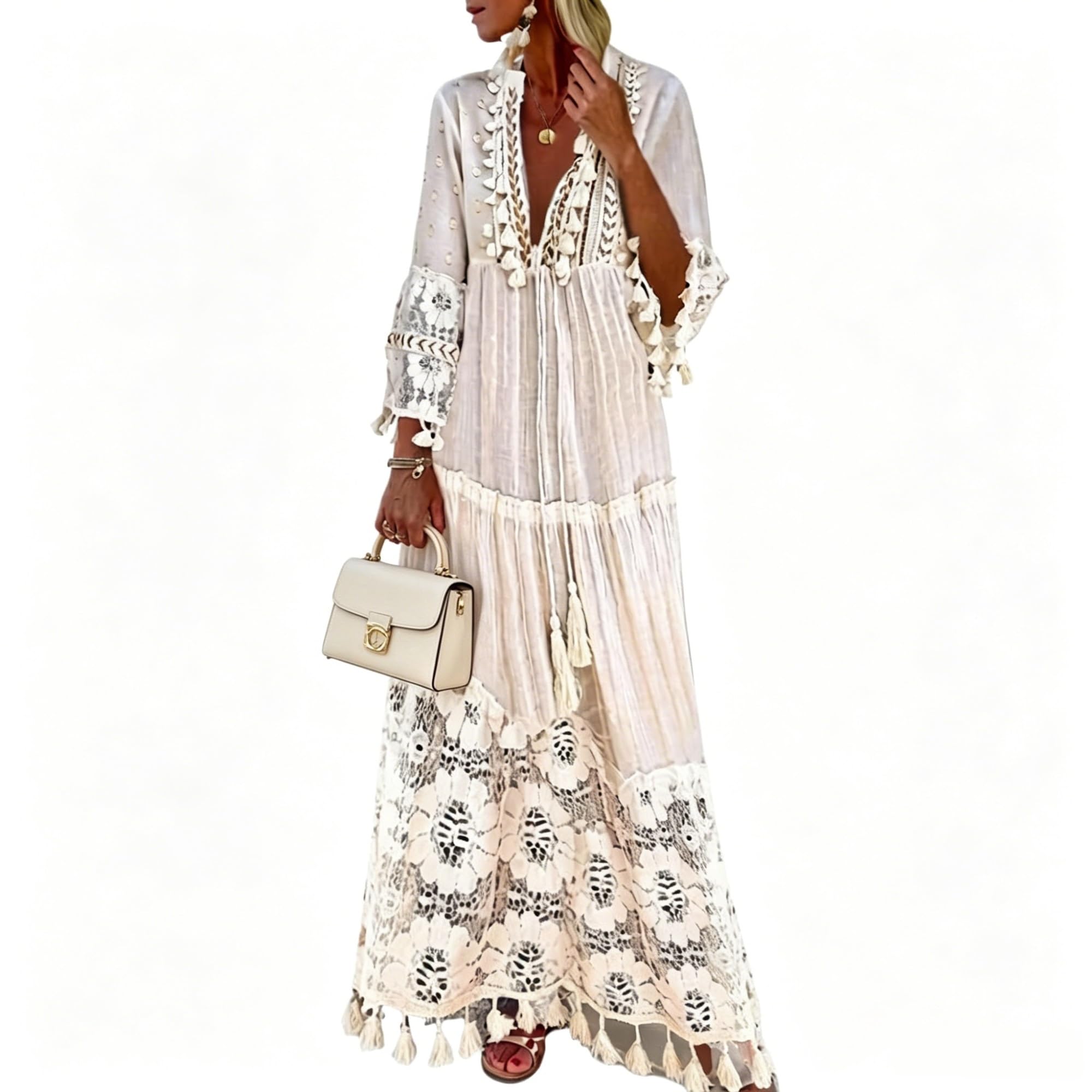 Robe Maxi Bohème à Fleurs et Dentelle Femme, Robe d'Été Col V Manches 3/4 Robe Plage Swing avec Franges et Détails de Crochet