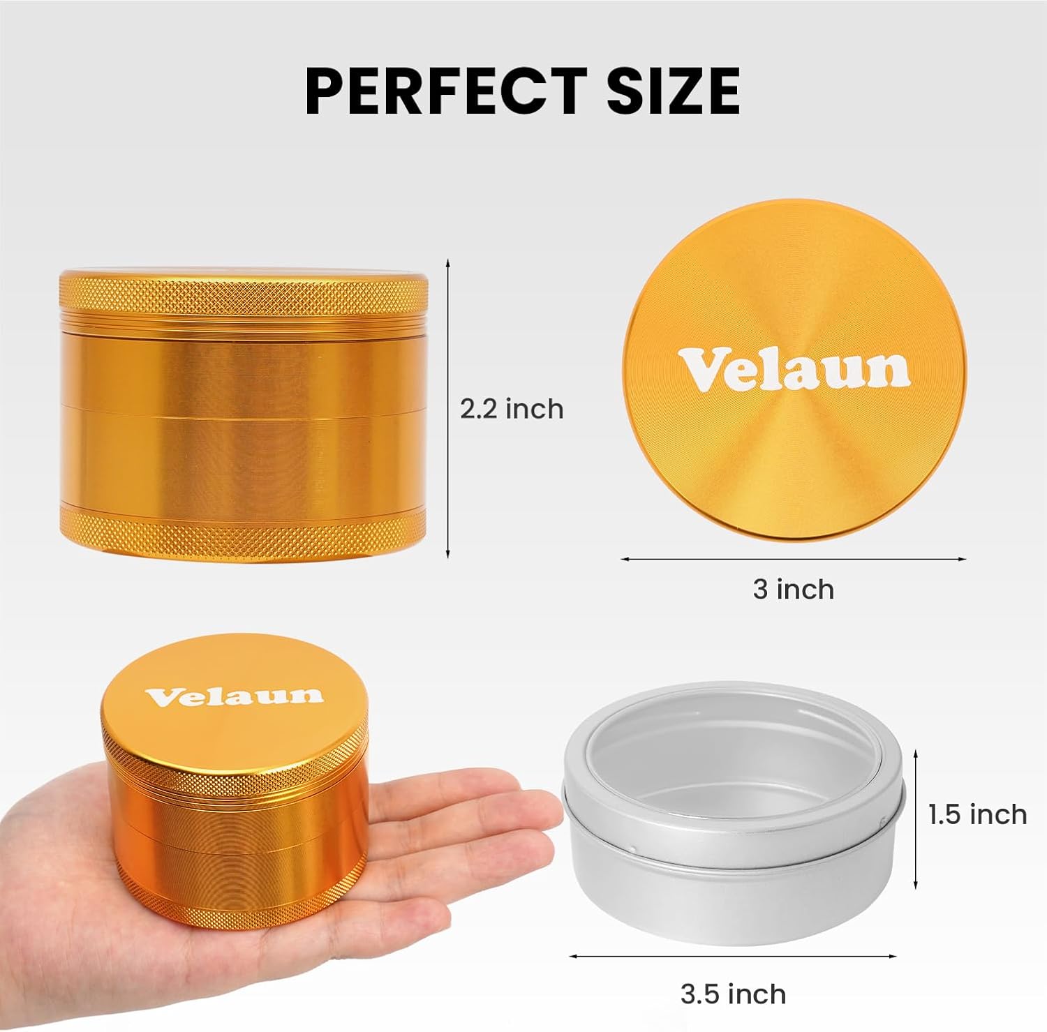 3 Inch Spice Herb Grinder with Storage Bag and Storage Can - Multipurpose Large Manual Grinders for Home Kitchen and Daily Use, Gold