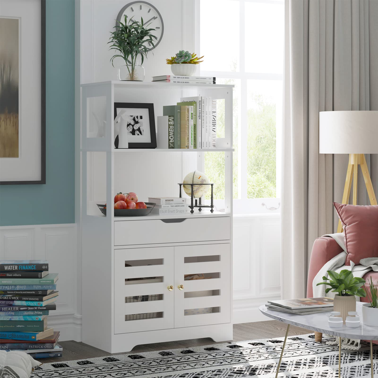 Freestanding Bathroom Cabinet, Wood Bathroom Storage Cabinet with Drawer, 2 Open Shelves and Door Cupboard, Large Floor Cabinet in the Entryway Kitchen, for Bathroom Living Room (white, Hollow Door)