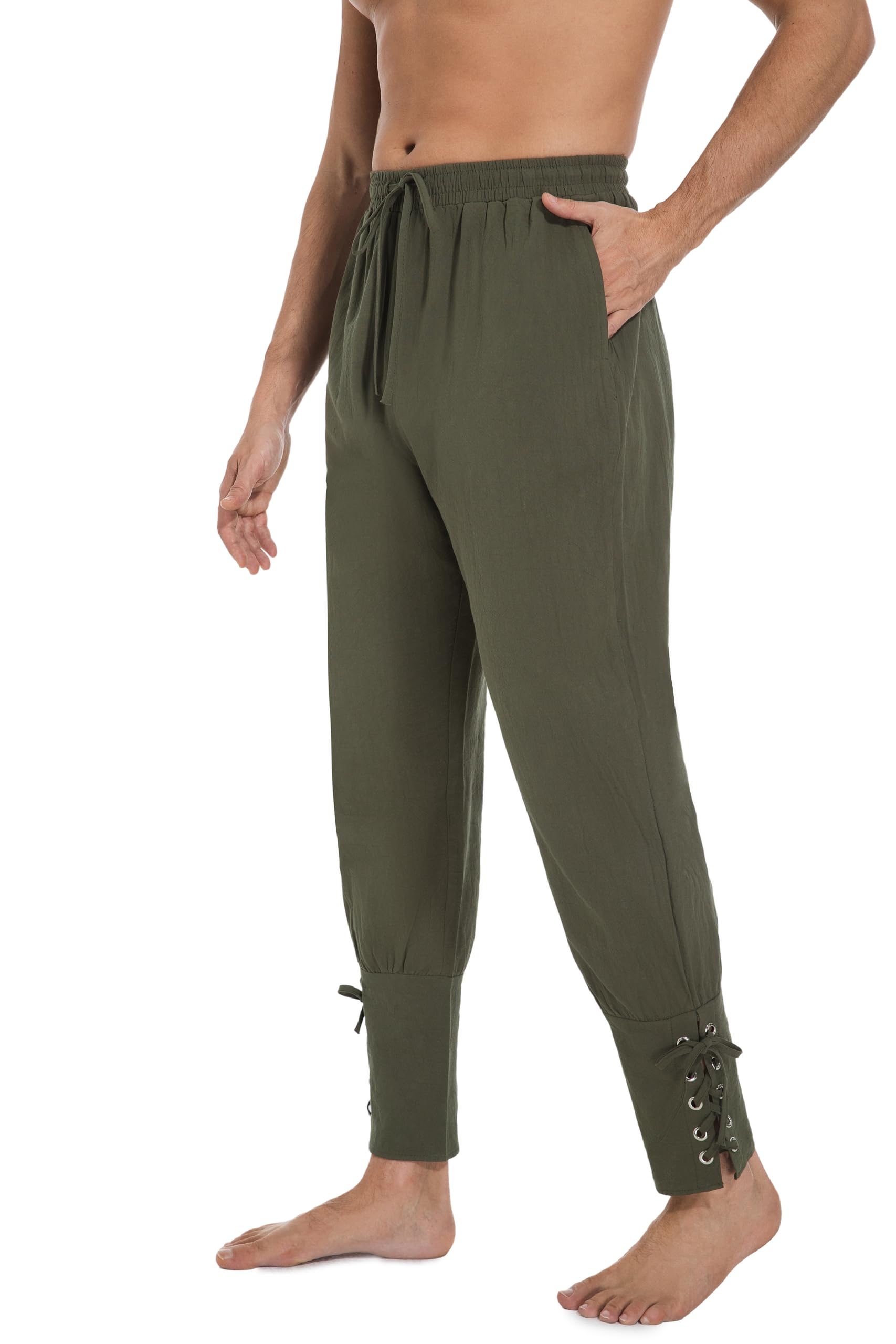 AIFARLD Mens Medieval Ankle Banded Pants Vintage Pirate Viking Cotton Lace Up Tapered Renaissance Costume Trousers