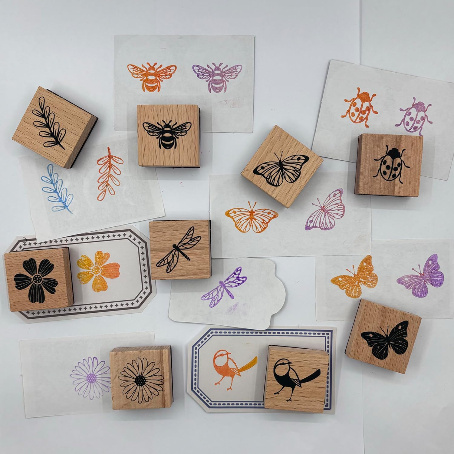 9Pcs Vintage Wood Rubber Stamp Butterfly Bird Ladybird and Plant Retro Decorative Mounted Wooden Rubber Stamp Set for DIY Art and Craft Journals Scrapbooking