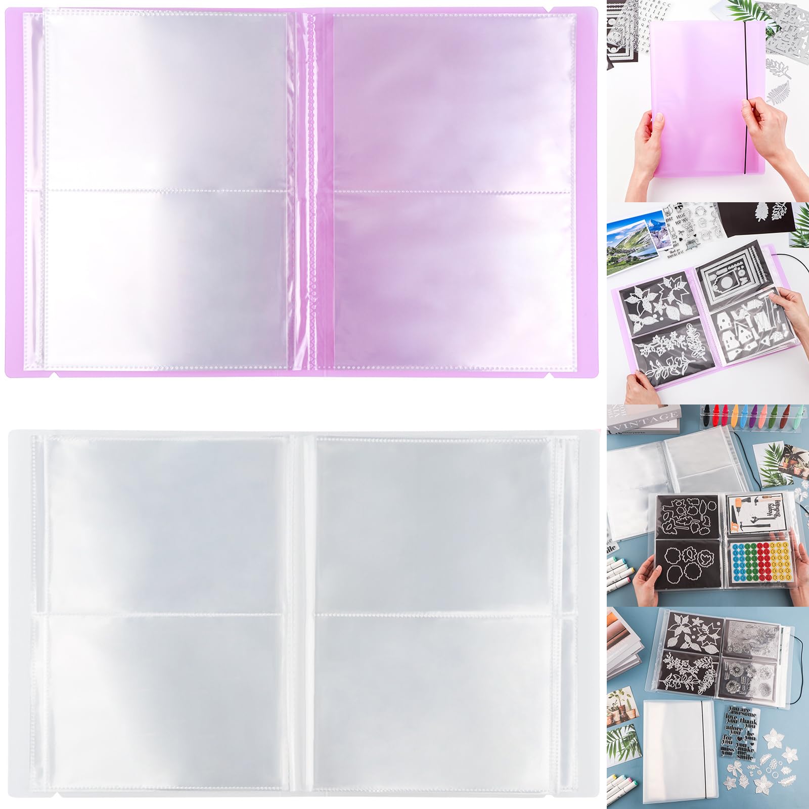 2 Pack Large Sticker Photo Storage Album, Stamp &amp; Cutting Dies Storage Book Organizer Folder for Cards Storage DIY Scrapbooking Card Making Supplies 20 Pages 80 Pockets/Pack (Clear + Purple)
