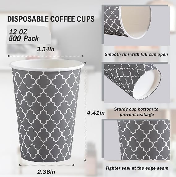 Lamosi Coffee Cups 12 oz 500 Pack, Disposable Paper Coffee Cups, Hot Cups