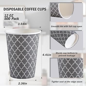 Lamosi Coffee Cups 12 oz 500 Pack, Disposable Paper Coffee Cups, Hot Cups