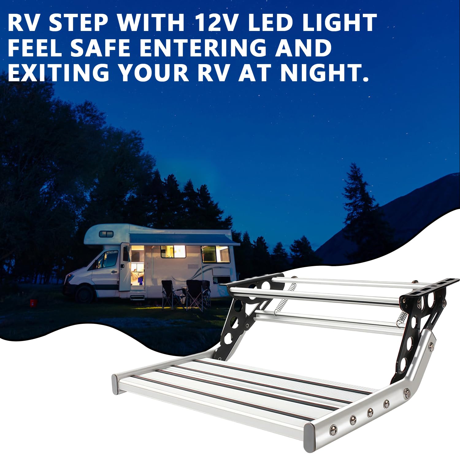 Escalones manuales para Autocaravana con luz LED | de Aluminio, Plegables, peldaños Individuales, Antideslizantes, para autocaravanas, autocaravanas, remolques de Viaje