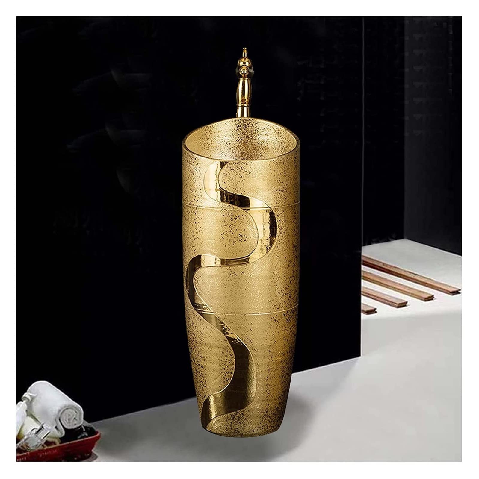 OLSKFUH Freestanding Pedestal Sink Floor Standing Art Sink Vintage Retro Gold Kaolin Clay Pedestal Sink Freestanding Bathroom Sink With Drain & Faucet, One-Piece Floor-Standing W,