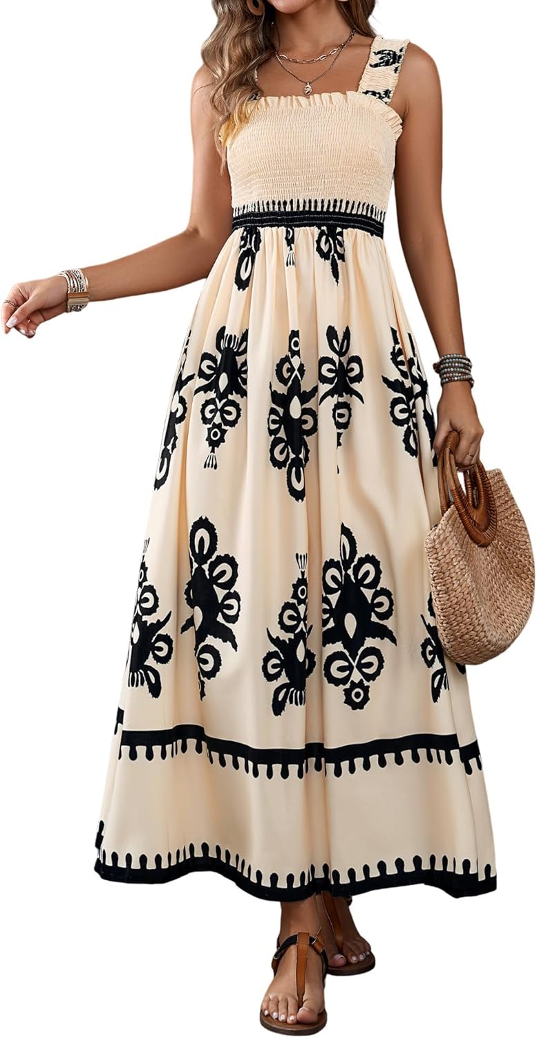 Womens Square Neck Boho Maxi Dress Casual Long Spring Summer Dresses Sundresses for Women Beach Vacation 2026