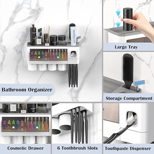 Miniatura 3 de Soportes para cepillos de dientes para baños montados en la pared, 4 tazas soporte para cepillo de dientes con dispensador de pasta de dientes,