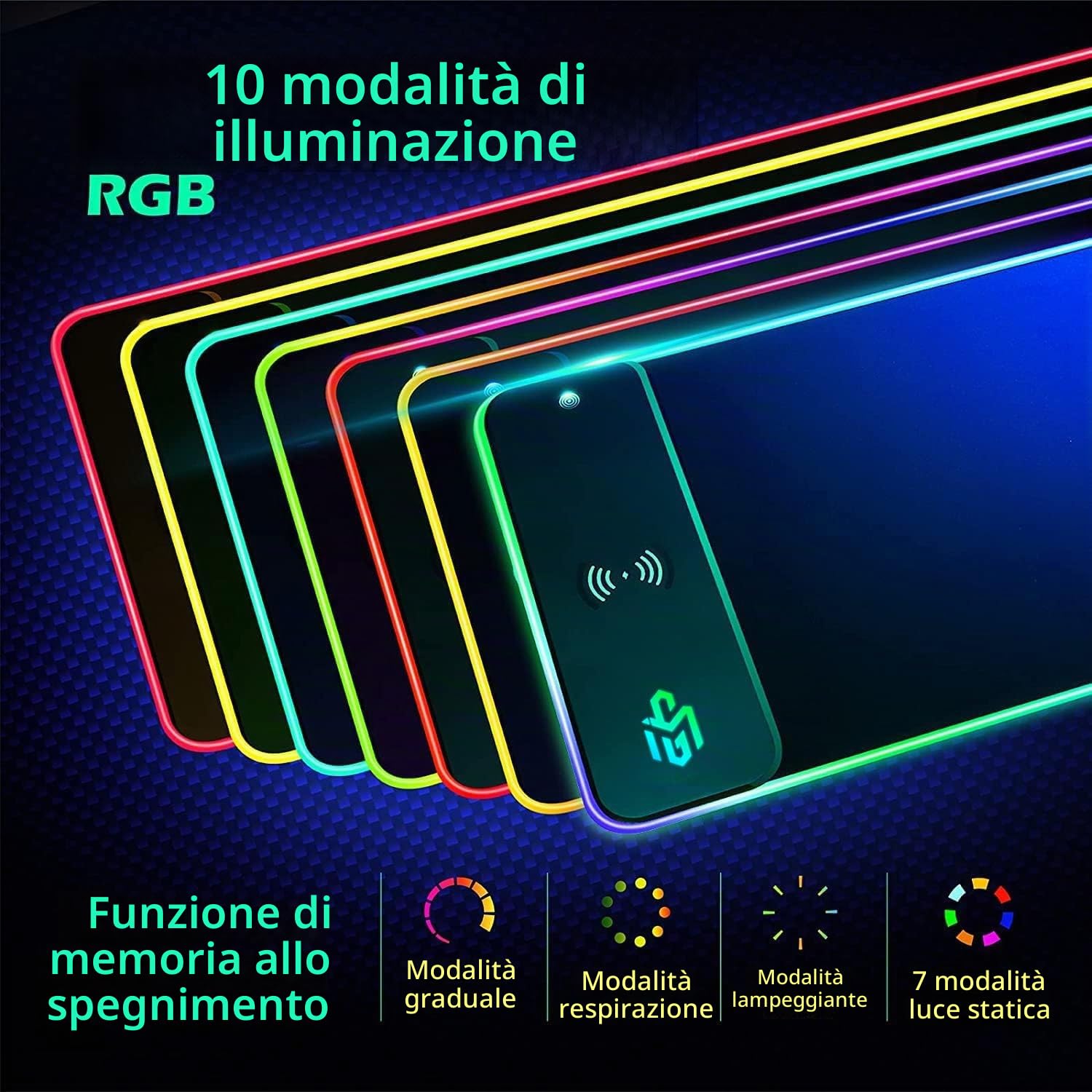 GIM 10 W Wireless Charger Extended RGB Mouse Pad, antiscivolo base in gomma 10 modalità di illuminazione 4 mm ultra spessa per Samsung Galaxy S10/S9/S8 Plus Note 9/8 iPhone 8/X/XR/XS/11/11 Pro