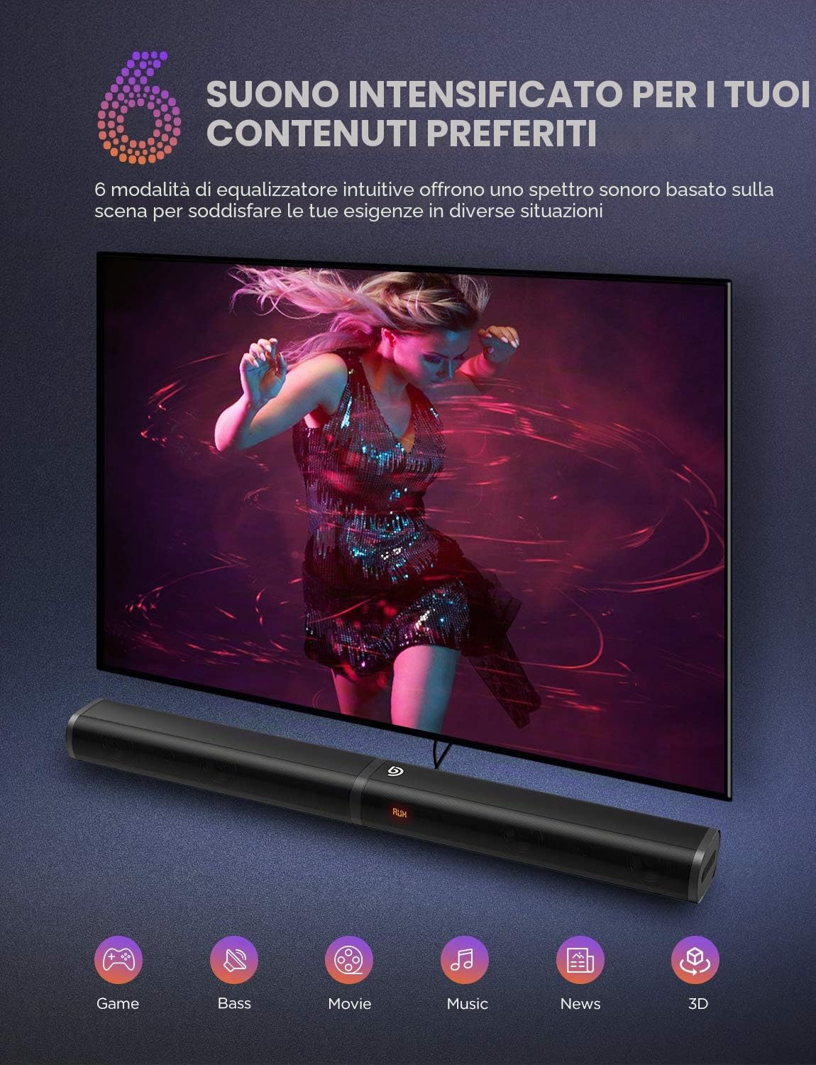 Soundbar 2.1 canali con altoparlante subwoofer 190 W, soundbar TV HDMI, soundbar wireless Bluetooth 5.0, home cinema per TV, PC, PS4, PS5, laptop, tablet -Tapio III, nero
