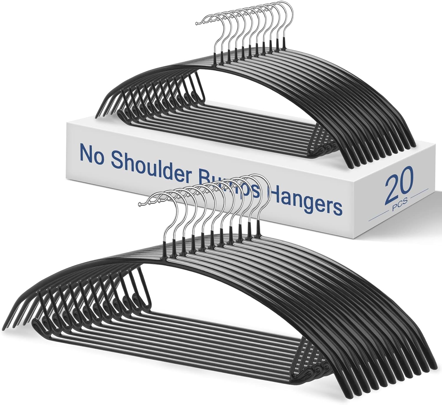 Black Hangers 20 Pack - No Shoulder Bump Non-Slip Rubber Coating Contour Metal Hangers for Sweaters, Coats & Clothes, 15 lbs Weight Capacity, Non-Slip, 16.5 Inch
