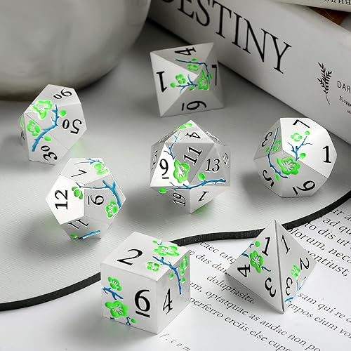 Miniatura 6 de DNDND - Juego de 7 dados de metal que brillan en la oscuridad, juego de 7 dados metálicos verdes con caja de regalo para juego de mesa de Calabozos