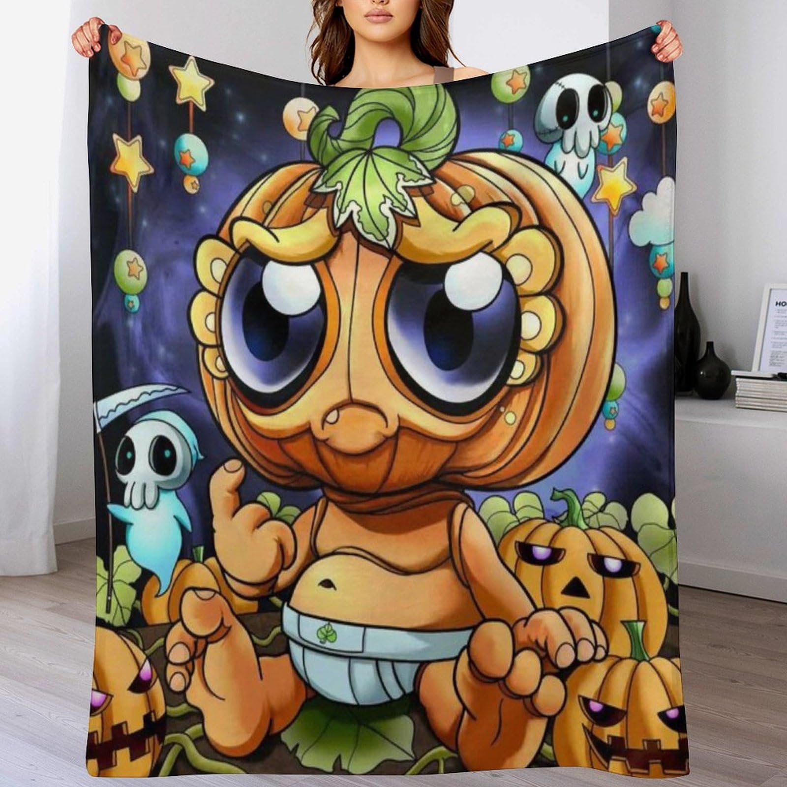 Couverture plaid citrouille Halloween en polaire flannel 130x150cm pour lit et canapé