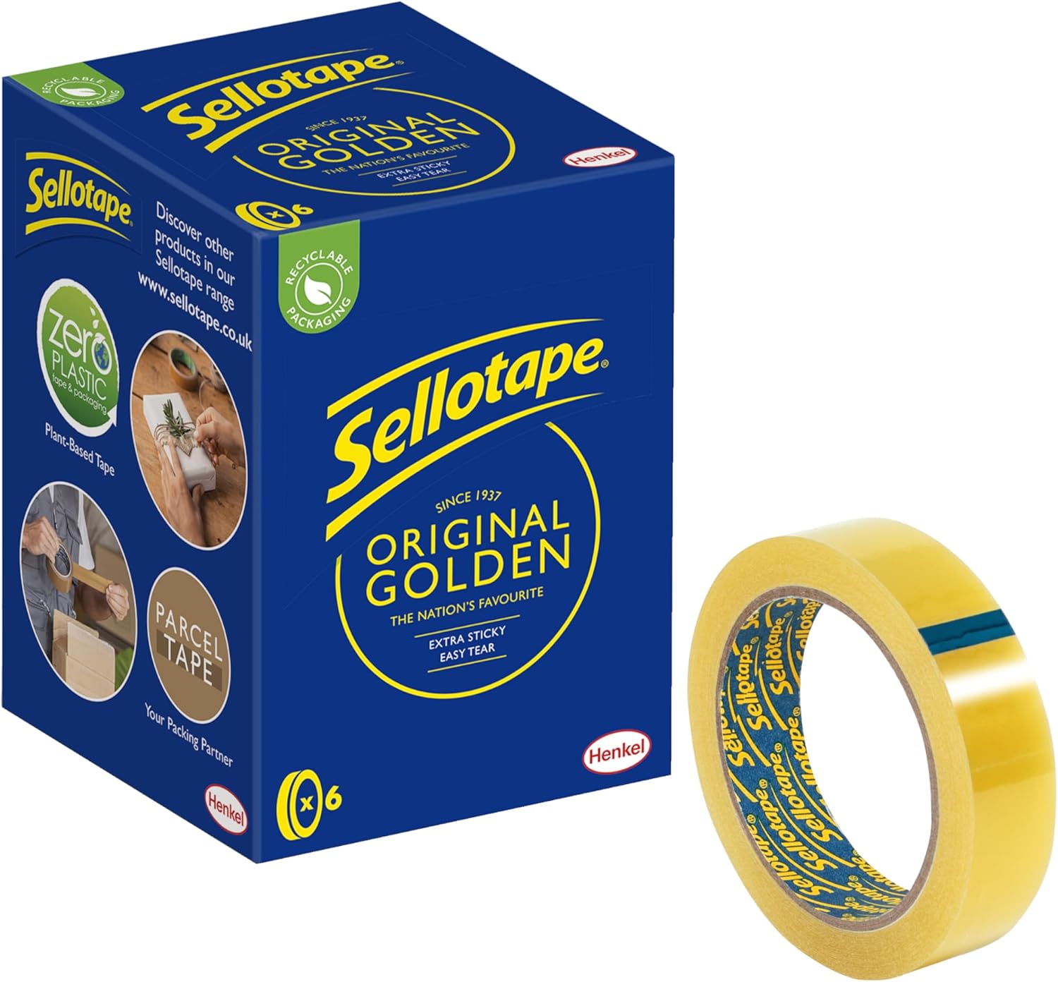 Sellotape Original Golden, Multi-Purpose Clear Tape for Household Objects, Clear Packing Tape for Sticking Envelopes or Cards, Easy to Use Packaging Tape, 24mm x 66m, Pack of 6