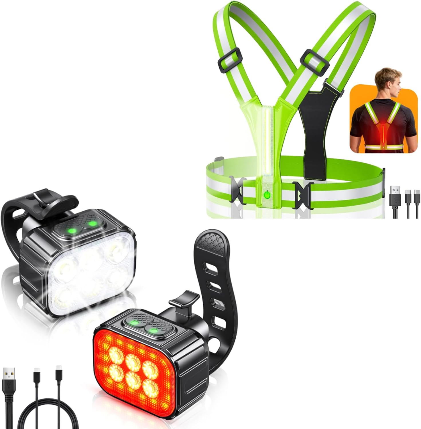 Bike Lights Set + Cuvccn LED Reflective Vest Super Bright Lighting