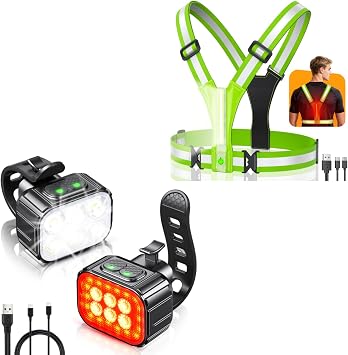 Cuvccn Bike Lights Set + Cuvccn LED Reflective Vest Super Bright Lighting