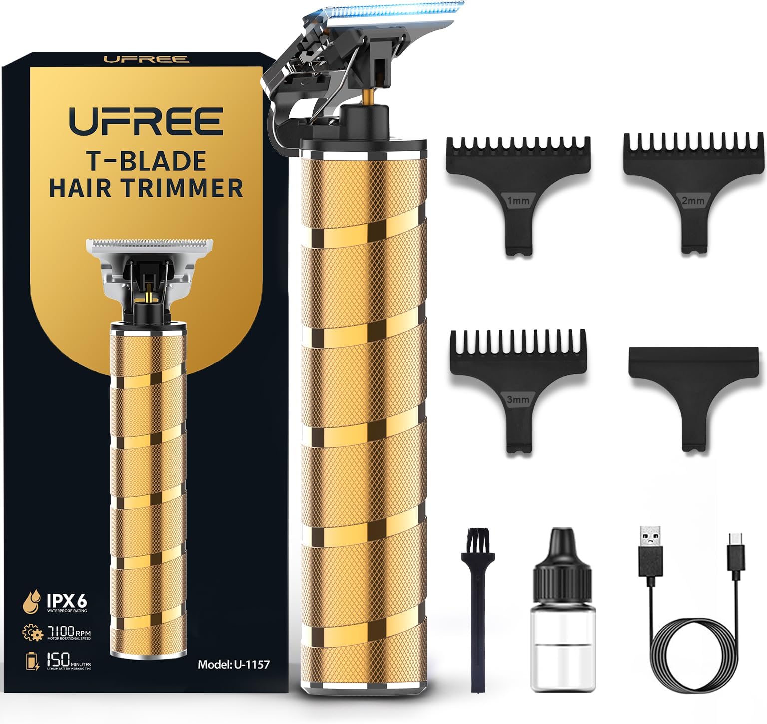 Ufree Beard Trimmer for Men, T-Blade Hair Trimmer, Zero Gap Edger Clippers | Titanium T-Blade, Mustache Hairline Sideburns Neckline, IPX6 Waterproof, 7100 RPM, USB-C Rechargeable, Home & Travel Use