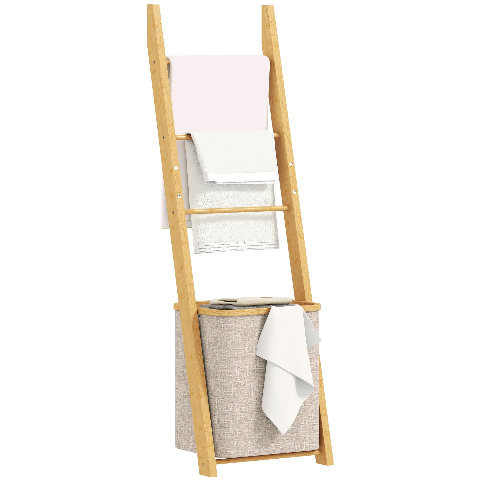 HOMCOM Estantería para Baño de Bambú, 2 en 1, Toallero de Pie con 3 Barras, Cesto para Ropa Sucia Extraíble de 48 L, para Dormitorio, Lavadero, Crema