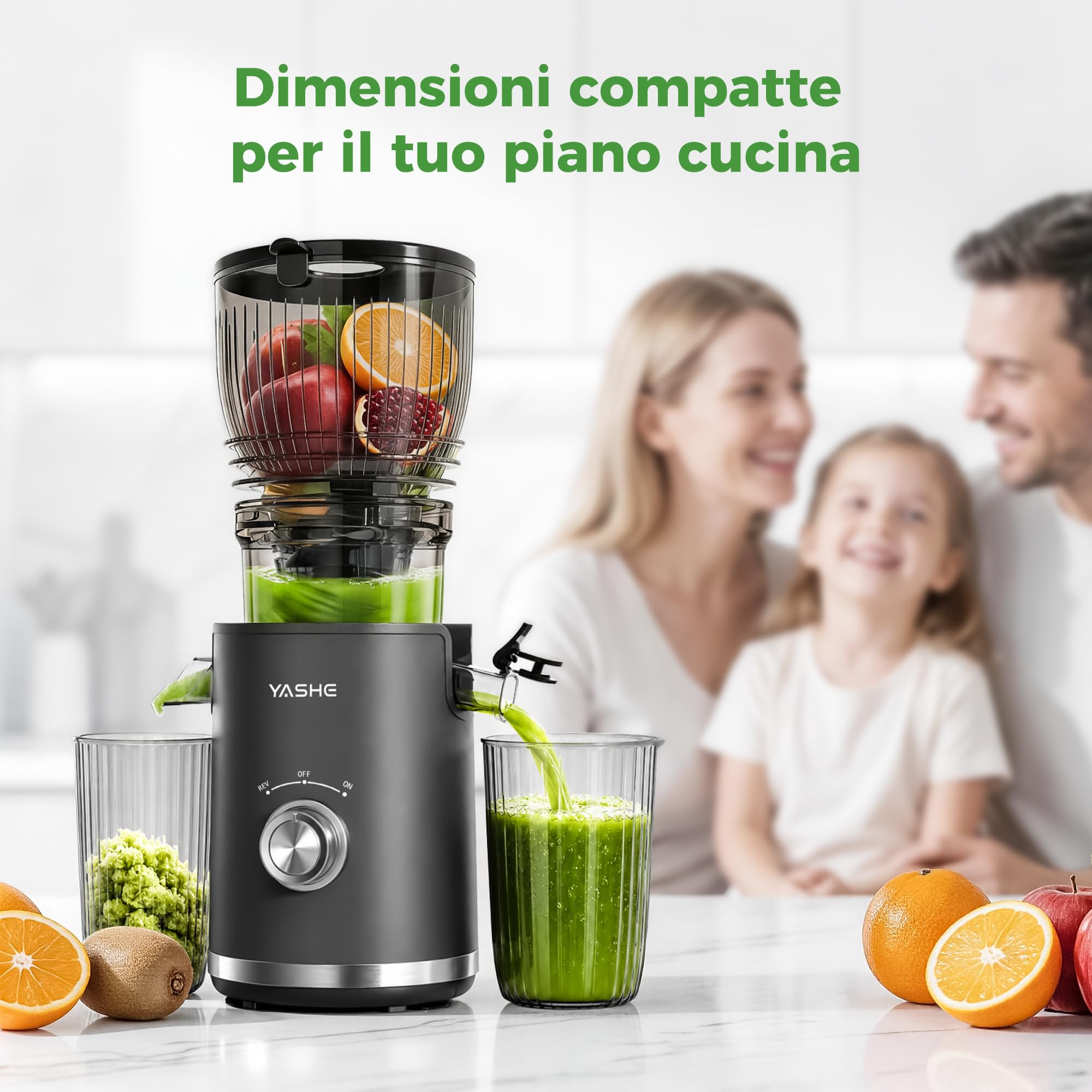 YASHE Estrattore di Succo Lento 300W, Bocca 148 mm per Frutta e Verdura Intera, Slow Juicer con Funzione Inversa, Motore Silenzioso, Senza BPA, Facile da Pulire