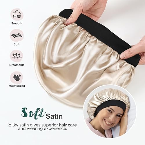 Vista 31 de Hat Hut Gorro de satén de seda para dormir para mujer, gorro de pelo para cabello rizado, banda ancha ajustable, doble capa Azul ceniza