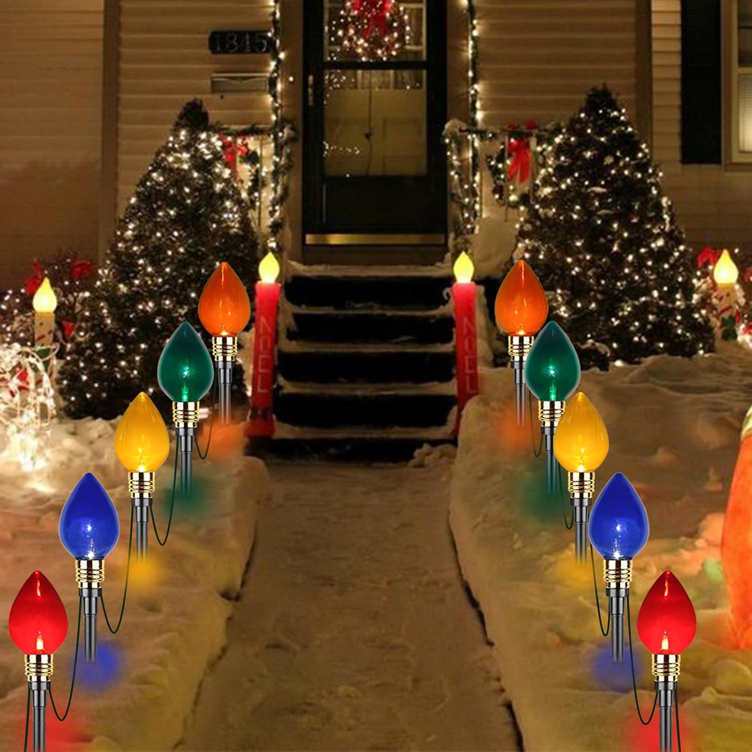 Christmas Pathway Lights Outdoor 17.3Ft 10 LED Mini Colored Bulb Lights and 10 Stakes, Connectable Driveway Christmas Light for Yard Patio Walkway Xmas Outdoor Decorations