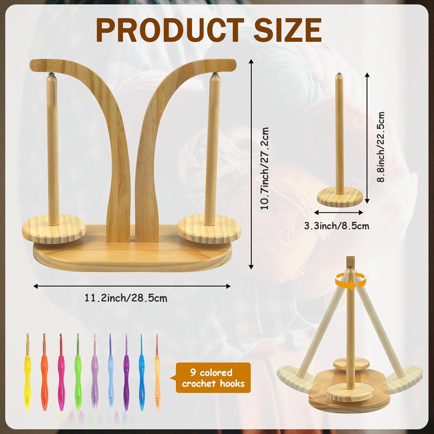 IFHFBI Magnetic Yarn Holder for Crocheting & Knitting,Wooden Yarn Spinner with 360° Rotation & Anti-Slip Pads,Dual Spool Ball Holder with 9 Hooks,Portable Crochet Accessories for Crochet Lovers