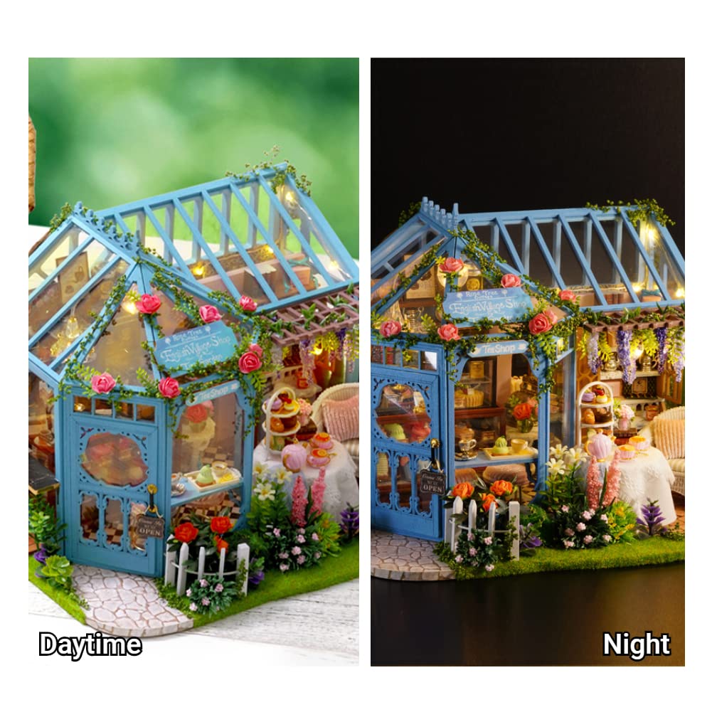 Maison de poupée miniature en bois à monter soi-même - Mini serre avec LED - Cadeau d'anniversaire pour garçons et filles (maison de thé)