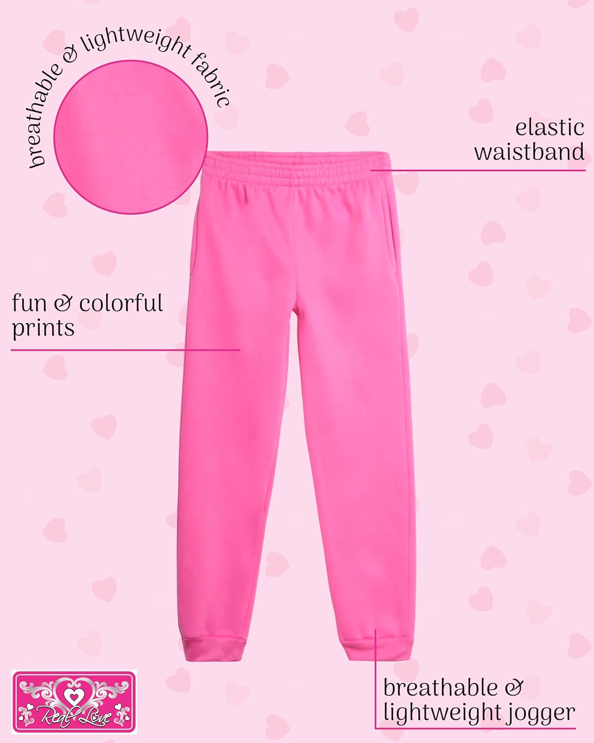 Real Love Girls Sweatpants - 4 Pack Basic Solid Active Soft Fleece Pull On Girls Joggers with Pockets (Sizes: 5-16) - Image 3