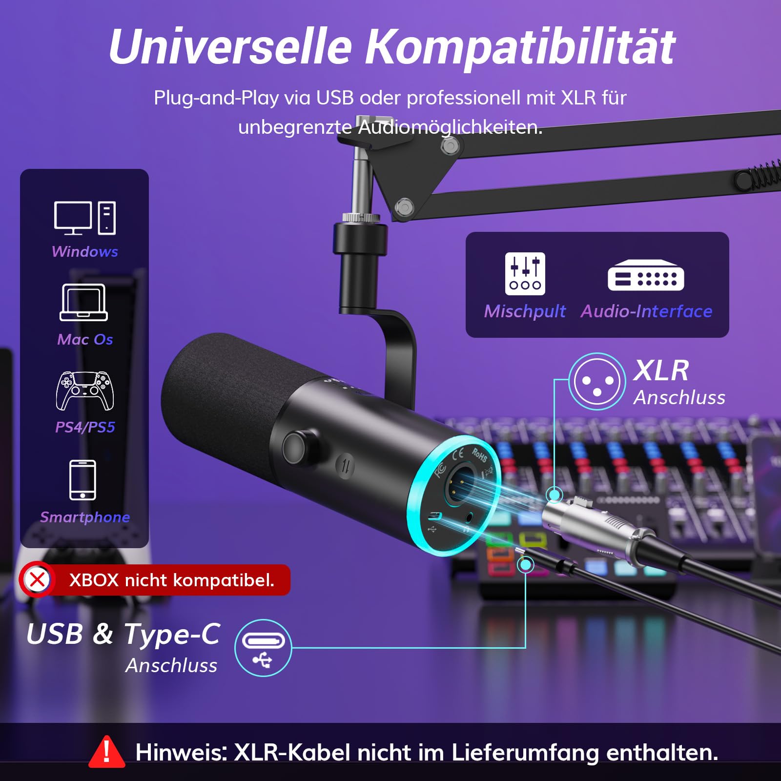 TONOR Dynamisches Gaming-Mikrofon, XLR/USB-Mikrofon für Streaming, AI-Geräuschunterdrückung, steuerbares RGB, Tap-Mute, 3,5-mm-Kopfhörerbuchse, Mikrofon mit Galgenarm, schwarz, TD510 AIR S+H
