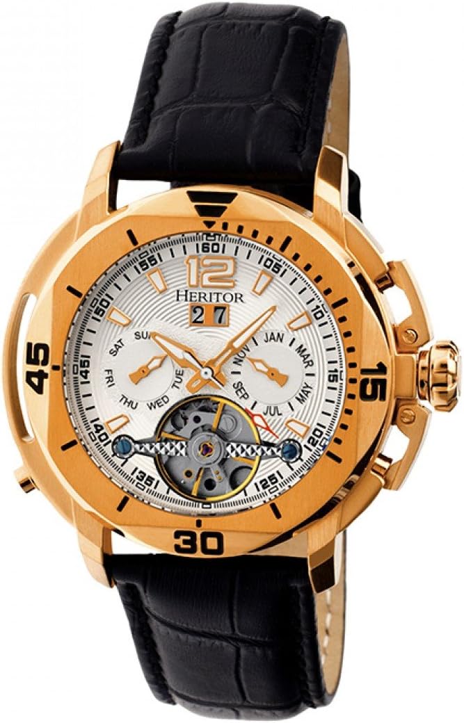 HERITOR Automatic Men's 'Lennon Semi-Skeleton' Automatic Movement Stainless Steel and Leather Watch, Color:Black (Model: HERHR2805)