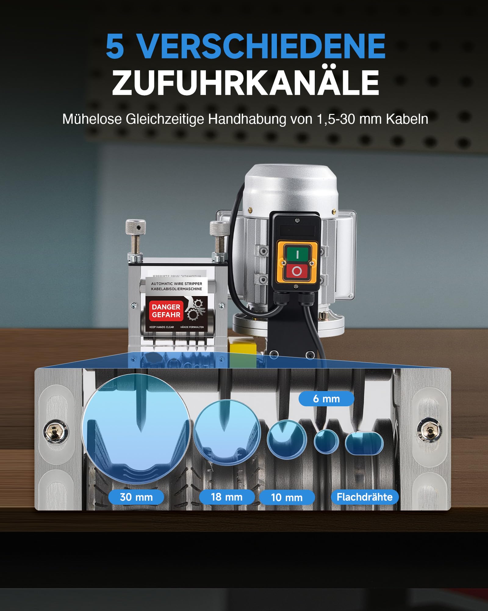 CREWORKS Elektrische Kabelabisoliermaschine 180W für 1,5-30 mm Kupferdrähte, Automatische Kabel Abisoliermaschine Abisolierzange für 0,06-1,2 Zoll Kupferdraht-Recycling, 5-Kanal-Kabelschälmaschine