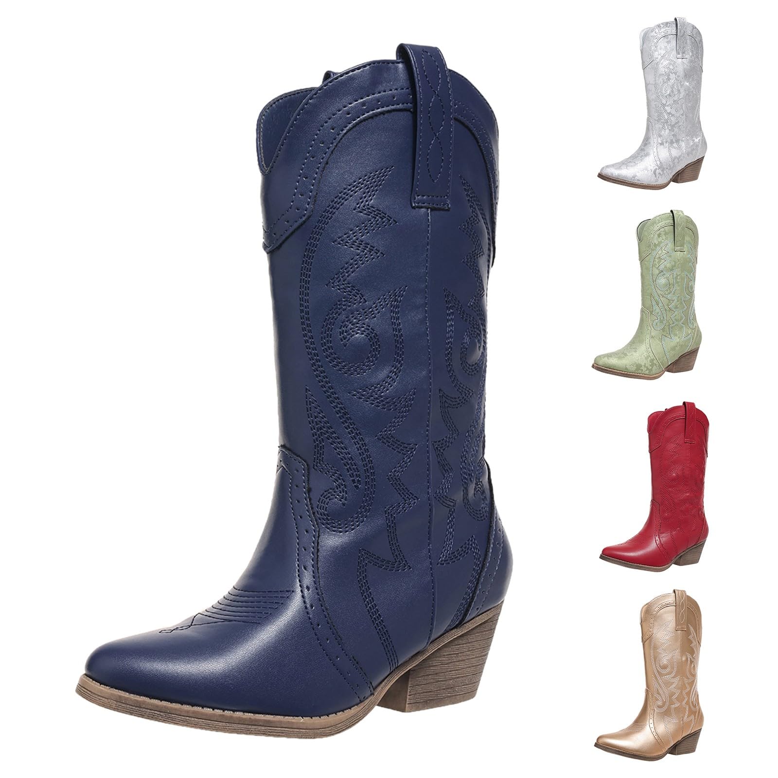 Stivali da cowboy da donna, larghi, con tacco medio grosso, punta a punta, stile country, con ricamo occidentale, stile country, da donna, classici, in pelle, per uso quotidiano, casual, per feste e