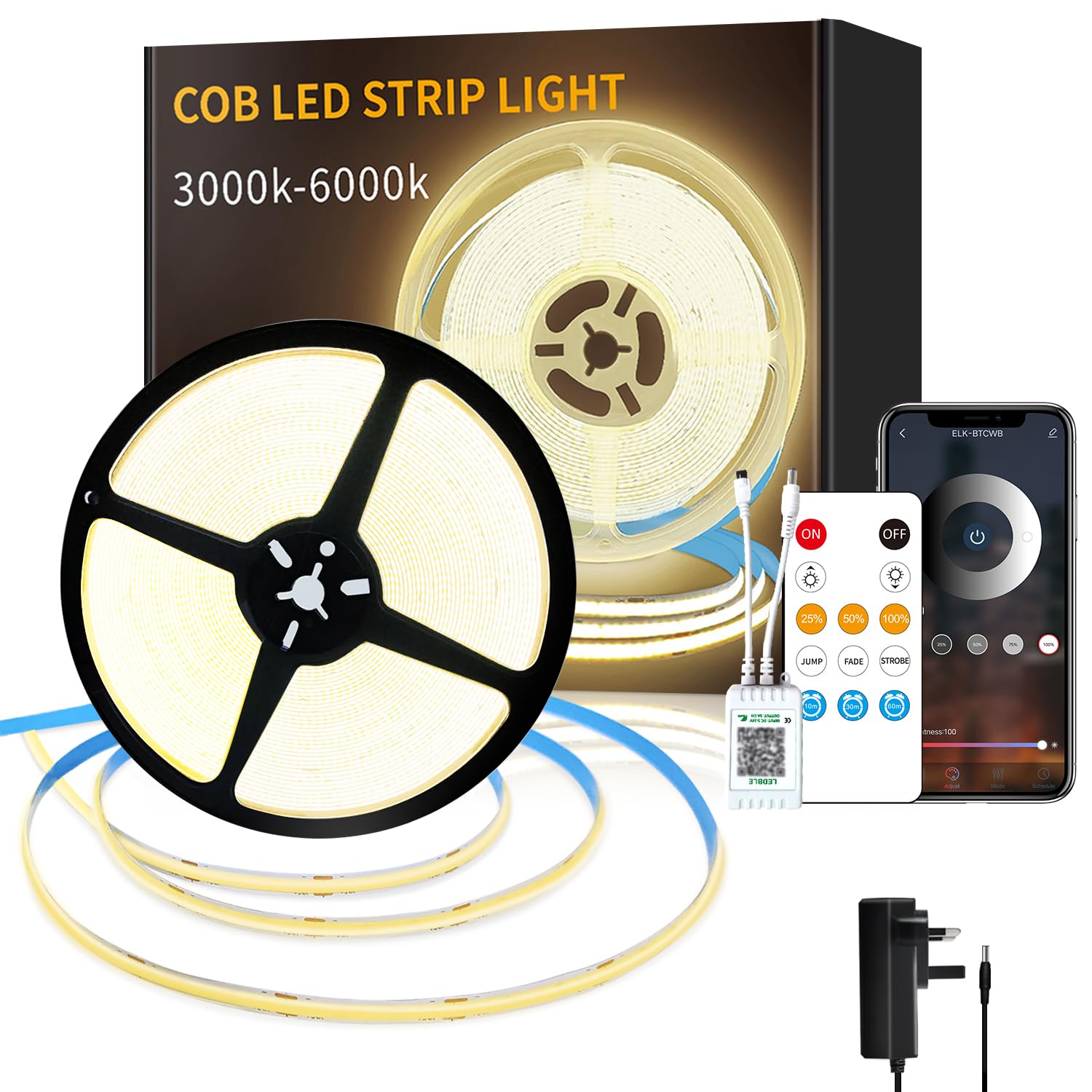 Yeewhale COB LED Strip Lights 3000K 20M 24V Dimmable Warm White LED Strip Kit, with Remote and app Control and UKCA Power Supply LED Tape Lights for DIY Home Decoration — image 1