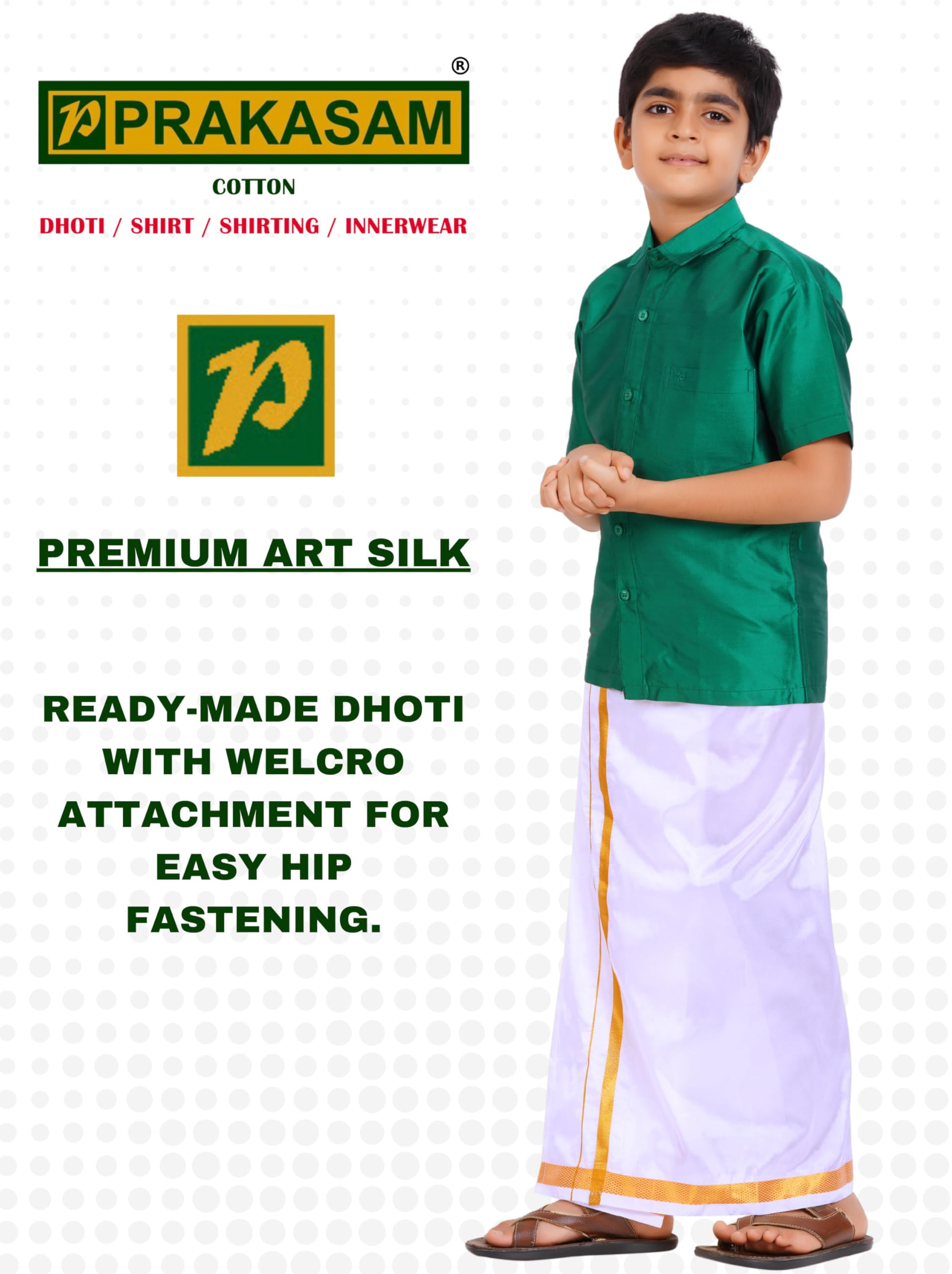 Prakasam Cotton Boys/Kids Art Silk Readymade Whiite Dhoties For Kids/Readymade Dhoties For Boys (15-16 Years)